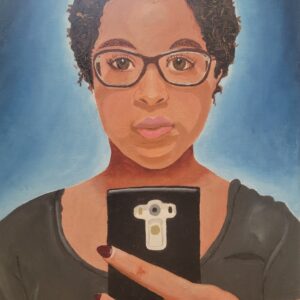 noelle elizabeth painting - image of a Black teenage girl wearing glasses taking a picture with her smartphone