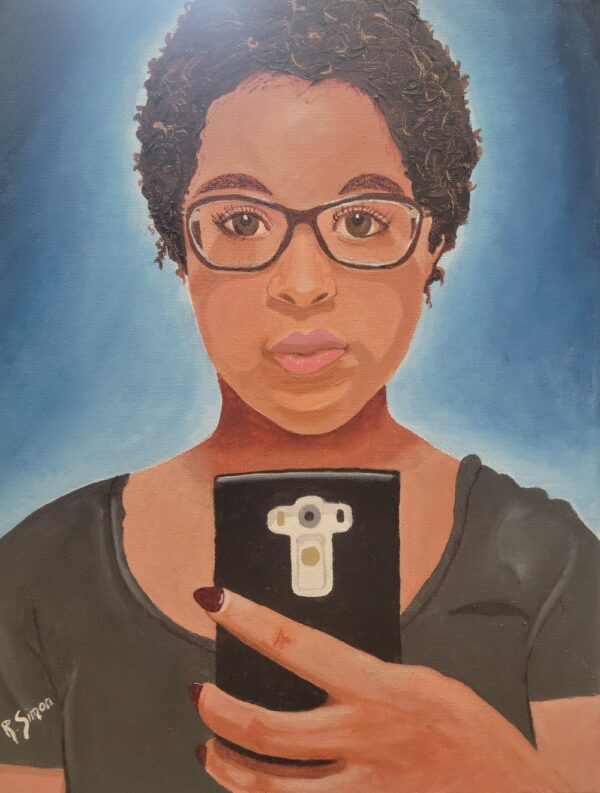 noelle elizabeth painting - image of a Black teenage girl wearing glasses taking a picture with her smartphone